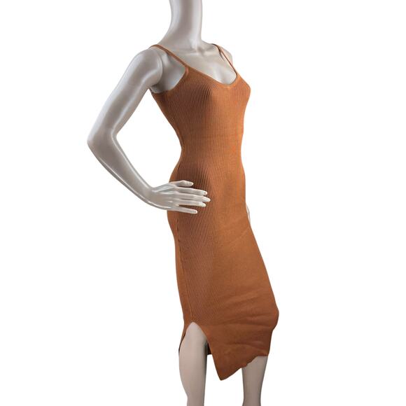 New Air Space Women Brown Rib Knit Spaghetti Strap V-Neck Bodycon Midi Dress M - Picture 3 of 6